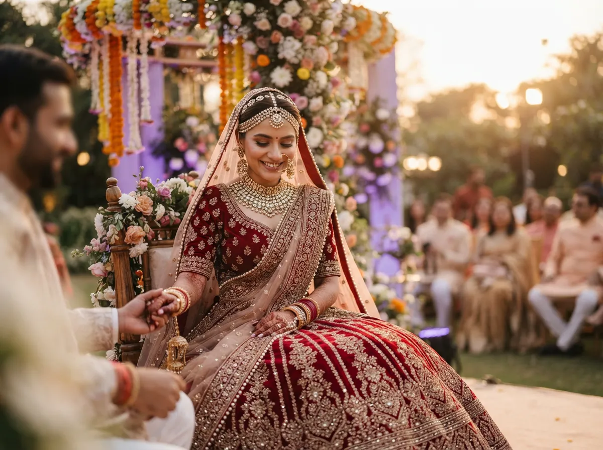 Indian bride amidst floral decorations